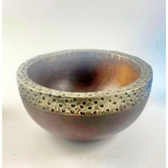 Rustic Accent Wood Bowl with Applied Silver Metal Hammered Rim Artistic  5 1/2" - Picture 1 of 8